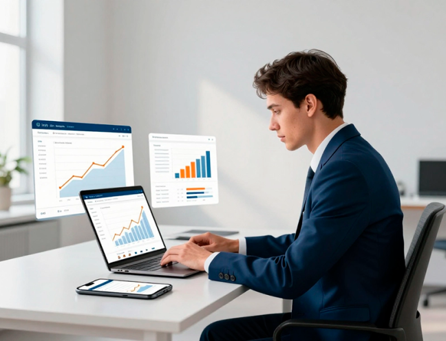 alt="Корпоративный сайт для увеличения продаж — бизнесмен анализирует рост показателей и конверсию с помощью веб-аналитики, цифровой маркетинг и развитие компании"