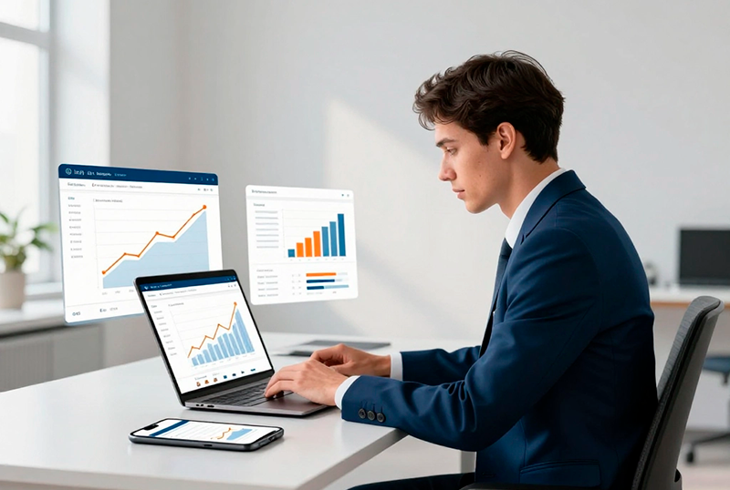 alt="Корпоративный сайт для увеличения продаж — бизнесмен анализирует рост показателей и конверсию с помощью веб-аналитики, цифровой маркетинг и развитие компании"